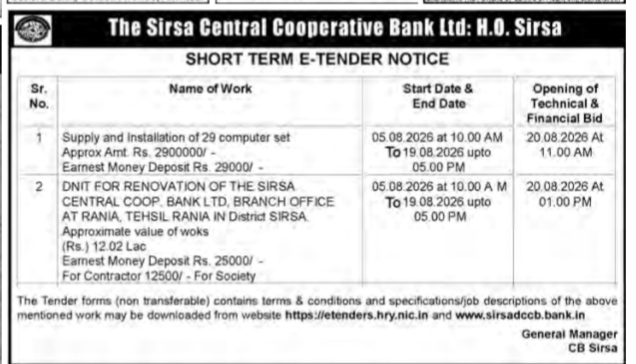 Short Term E-Tender Notice: The Sirsa Central Cooperative Bank Ltd.