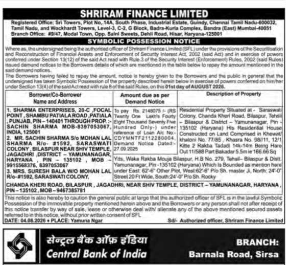 Shriram Finance Limited Symbolic Possession Notice