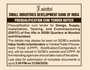 SIDBI Prequalification Cum Tender Notice for Lift Installation (August 2026)