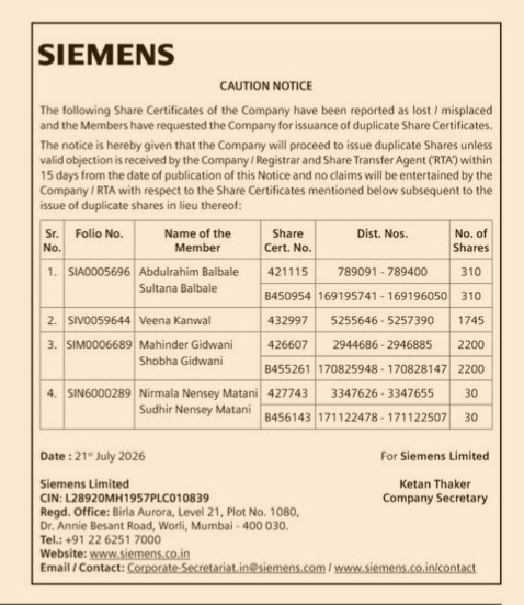 Siemens Limited: Caution Notice for Lost Share Certificates
