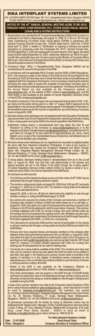 Sika Interplant Systems Limited - 40th AGM and E-Voting Notice