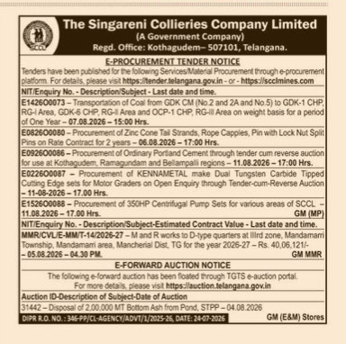 Singareni Collieries Company Limited (SCCL) E-Procurement Tender & E-Forward Auction Notice