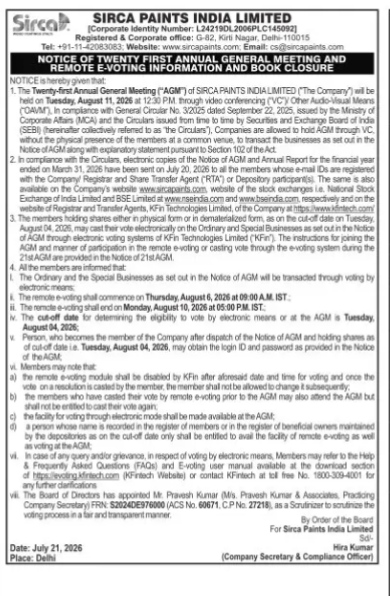 Sirca Paints India Limited 21st AGM & E-Voting Notice