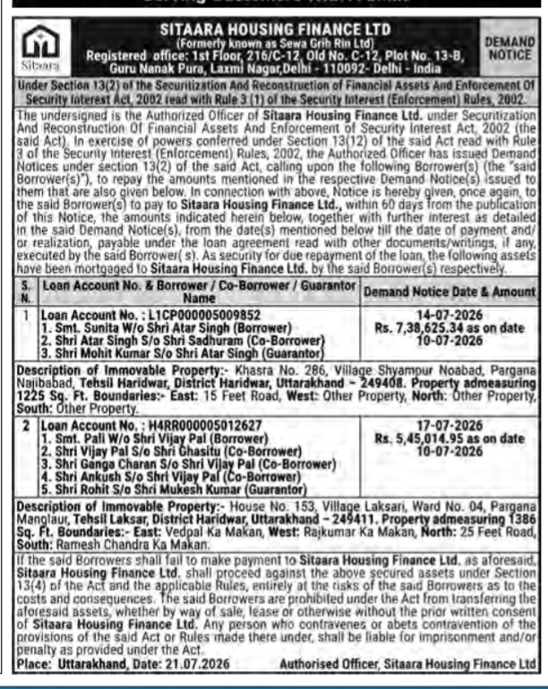 Sitaara Housing Finance Ltd. Demand Notice Under SARFAESI Act