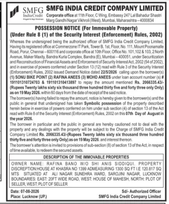 SMFG India Credit Company Limited - Possession Notice (Rafina Bano, Lucknow)