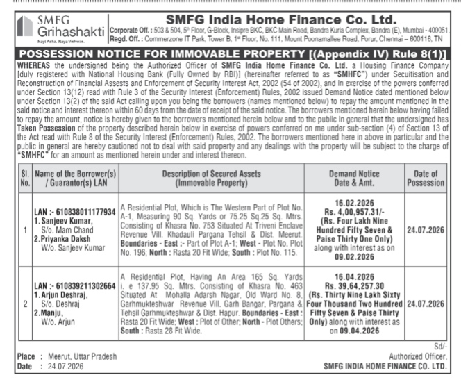 SMFG India Home Finance Possession Notice for Immovable Property (Meerut, 24.07.2026)