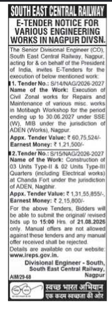 South East Central Railway E-Tender Notice for Nagpur Division Engineering Works (2026-2027)