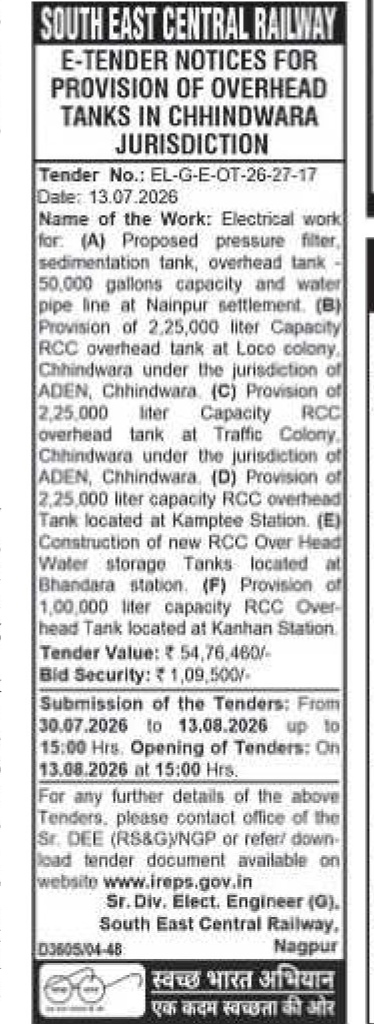 South East Central Railway E-Tender Notice for Overhead Tanks (Chhindwara Jurisdiction)