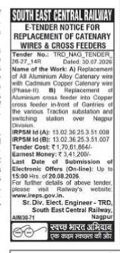 South East Central Railway E-Tender Notice for Replacement of Catenary Wires & Cross Feeders (Nagpur Division)