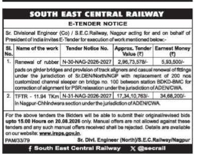 South East Central Railway E-Tender Notice for Track and Bridge Maintenance Works (Nagpur Division)