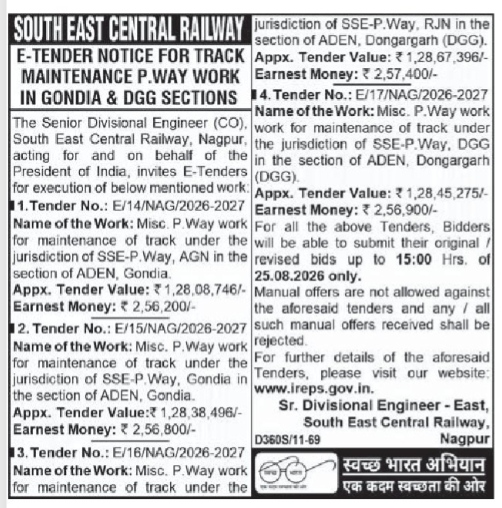 South East Central Railway E-Tender Notice for Track Maintenance (2026-2027)