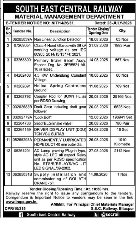 South East Central Railway Material Management Department E-Tender Notice