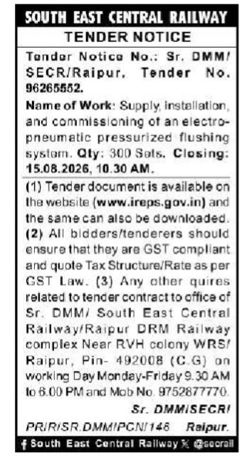 South East Central Railway Tender Notice for Electro-Pneumatic Pressurized Flushing Systems