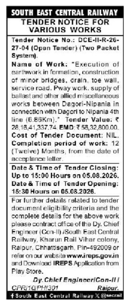 South East Central Railway Tender Notice for Various Works (DCE-II-R-26-27-04)