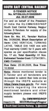 South East Central Railway Tender Notice (July 2026)