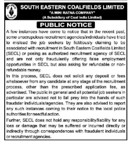 South Eastern Coalfields Limited (SECL) Job Fraud Advisory Notice