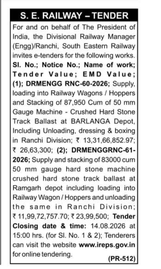 South Eastern Railway E-Tender Notice for Track Ballast Supply (Ranchi Division)