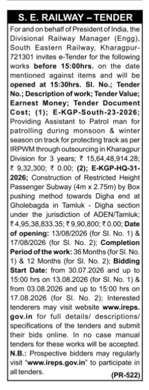 South Eastern Railway e-Tender Notice (Kharagpur Division)