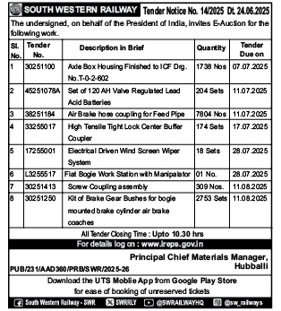 South Western Railway E-Auction Tender Notice (No. 14/2025)