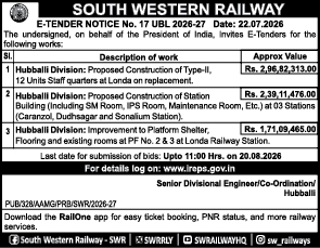 South Western Railway E-Tender Notice No. 17 UBL 2026-27