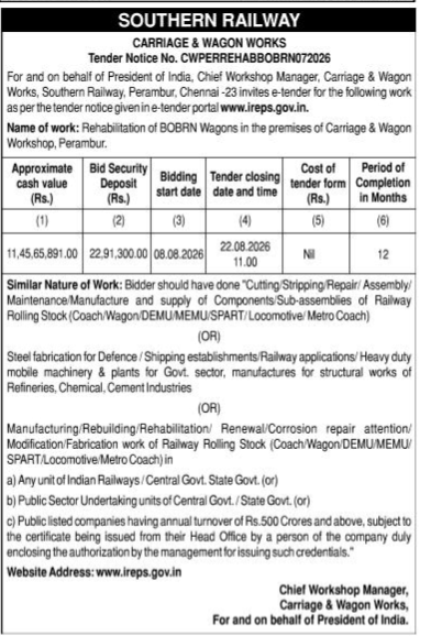 Southern Railway Tender Notice: BOBRN Wagon Rehabilitation