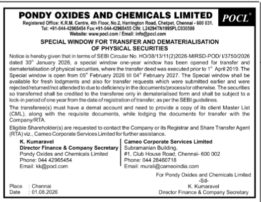 Special Window for Physical Securities Transfer and Dematerialisation Notice