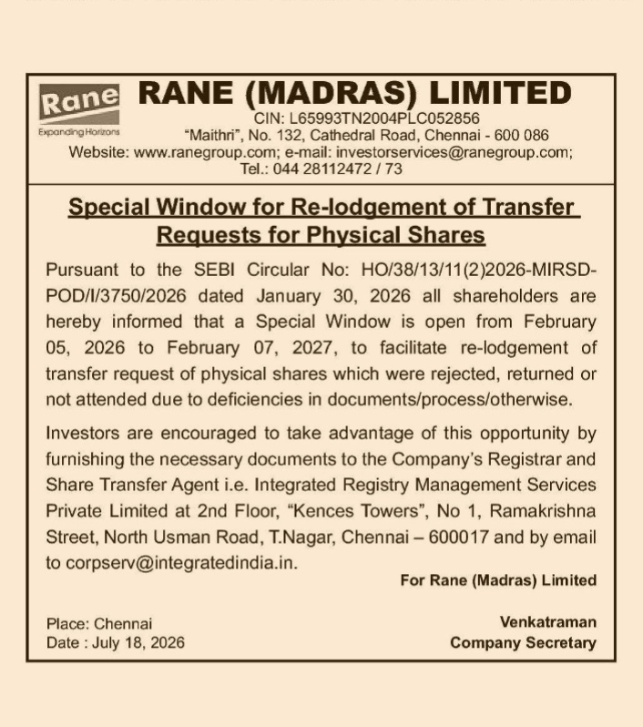 Special Window for Re-lodgement of Physical Shares Transfer: Rane (Madras) Limited