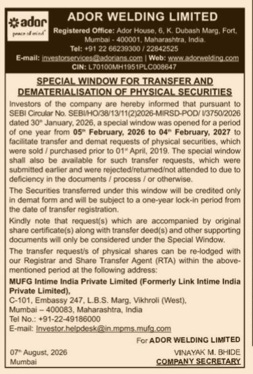 Special Window for Transfer and Dematerialisation of Physical Securities