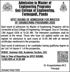 Spot Round Admission Notice 2026 for Master of Engineering at Goa College of Engineering