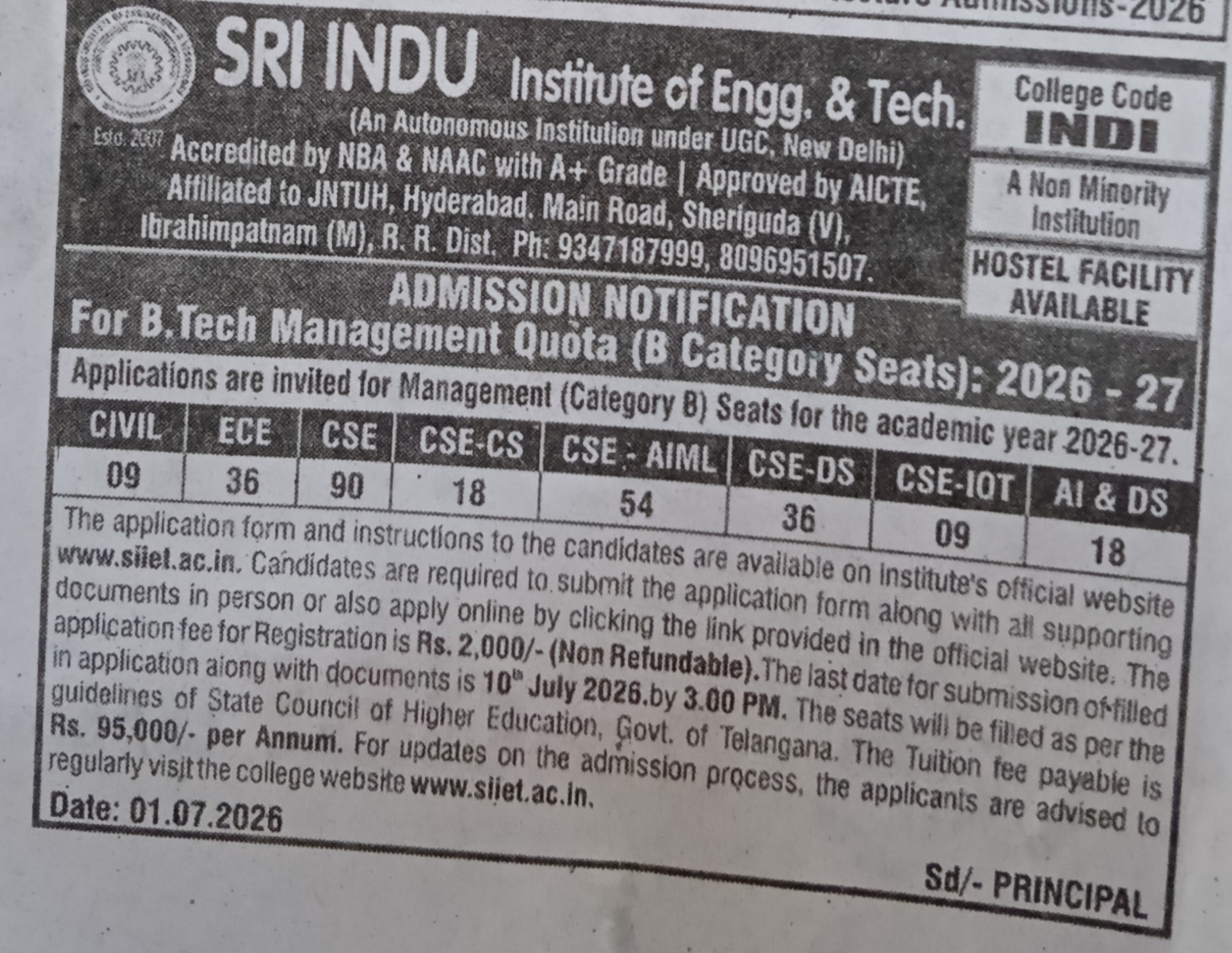 SRI INDU INSTITUTE OF ENG and TECH ADMISSIONS