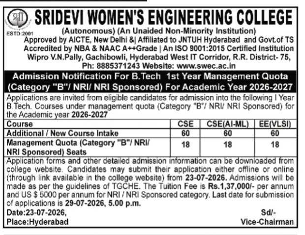 Sridevi Women's Engineering College B.Tech Admission Notification 2026-2027