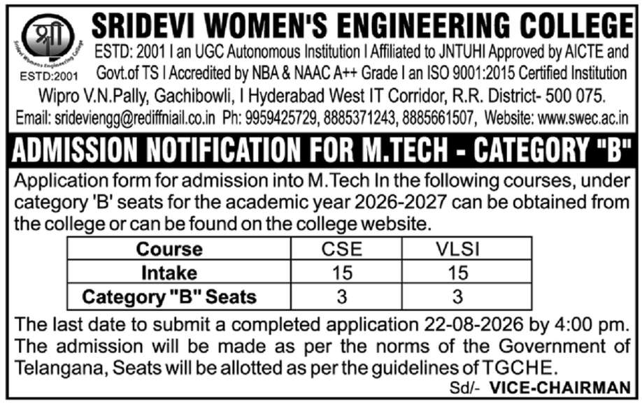 Sridevi Women's Engineering College M.Tech Category 'B' Admission Notification 2026-2027