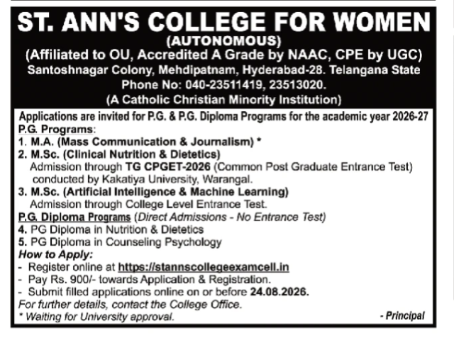 St. Ann's College for Women PG Admissions Notice 2026-27