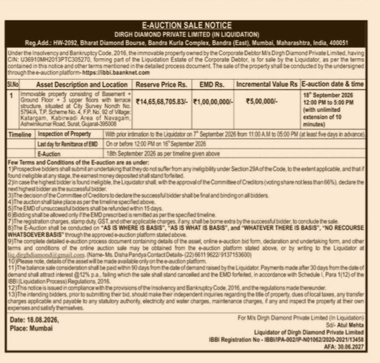 Standard TitlesE-Auction Sale Notice: Dirgh Diamond Private Limited