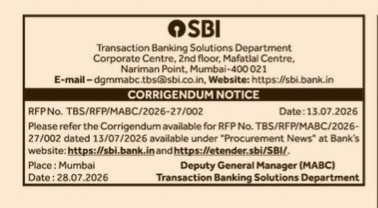 State Bank of India Corrigendum Notice for RFP No. TBS/RFP/MABC/2026-27/026