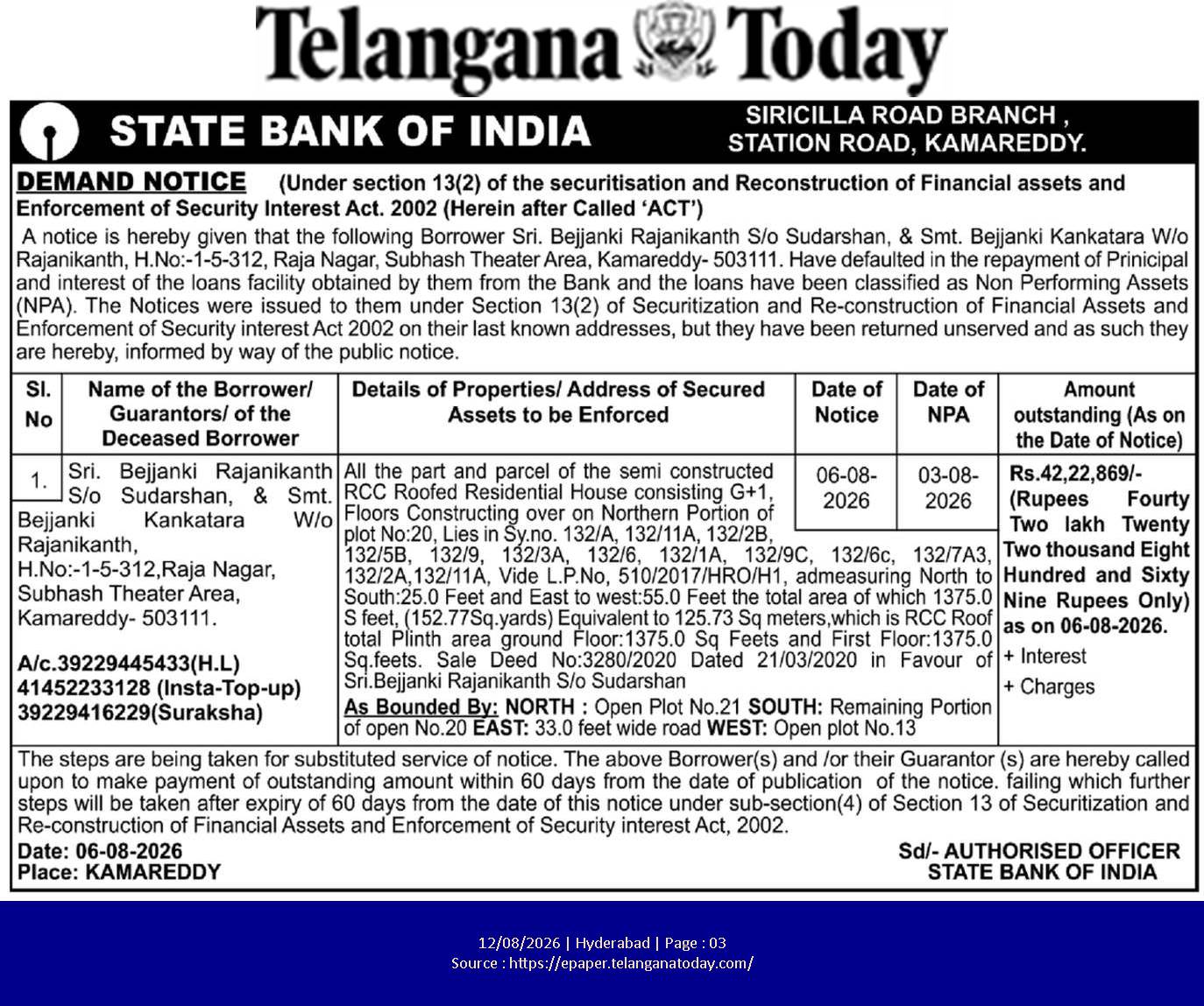 State Bank of India Demand Notice against Sri. Bejjanki Rajanikanth and Smt. Bejjanki Kankatara (Kamareddy Branch)
