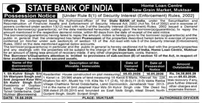 State Bank of India Possession Notice (Muktsar