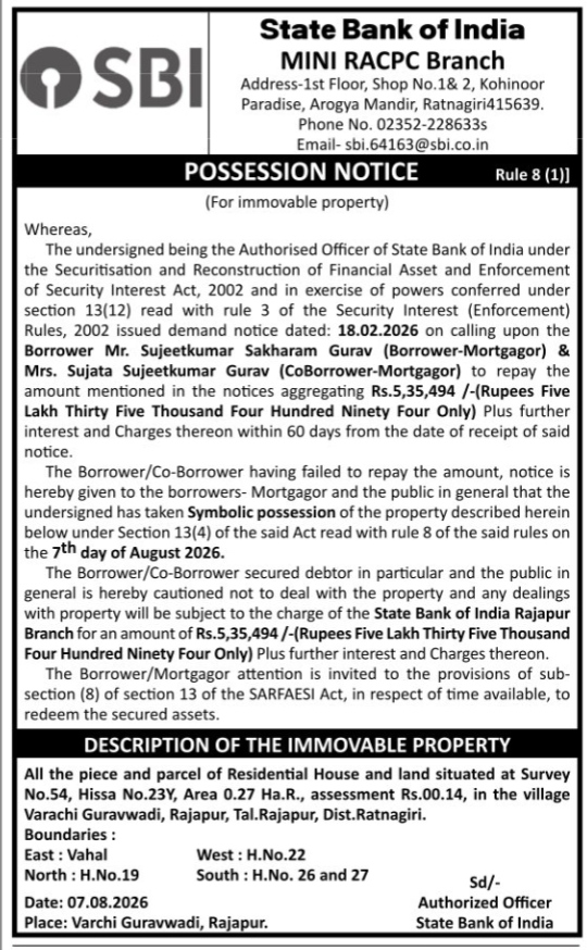 State Bank of India Possession Notice (SARFAESI Act)