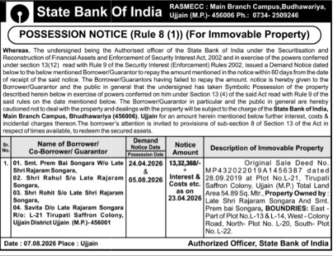 State Bank of India Possession Notice (Ujjain)