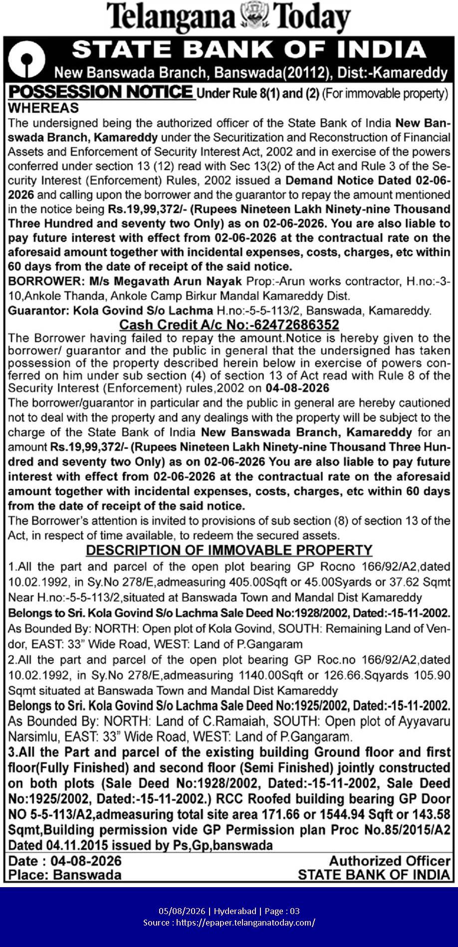 State Bank of India Possession Notice.