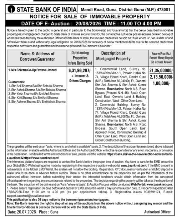 State Bank of India Property E-Auction Notice