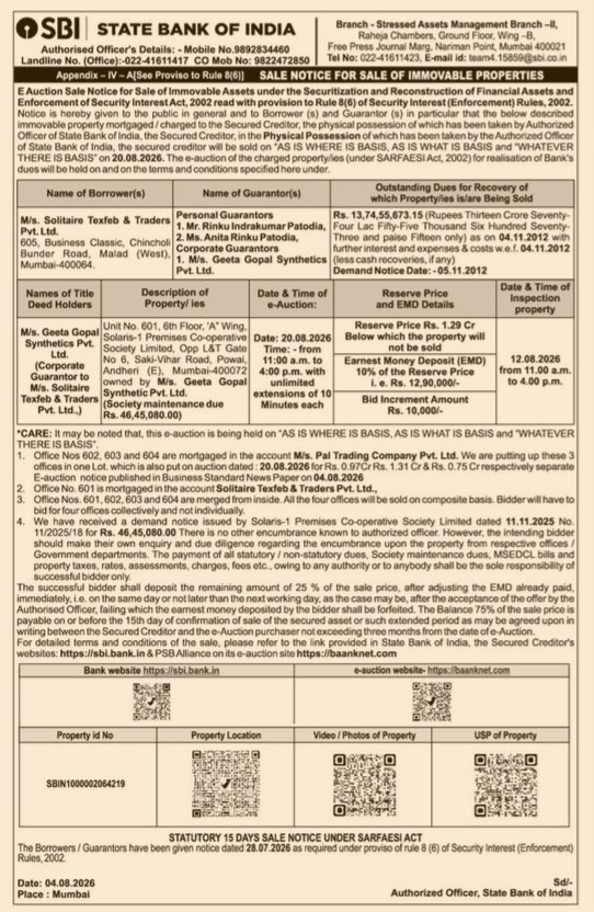 State Bank of India Sale Notice
