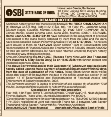 State Bank of India (SBI) Demand Notice for Mr. Firoz Khan Aziz Khan