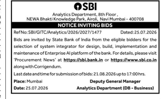 State Bank of India (SBI) Notice Inviting Bids for Enterprise AI Platform