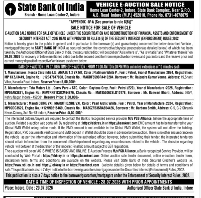 State Bank of India Vehicle E-Auction Sale Notice