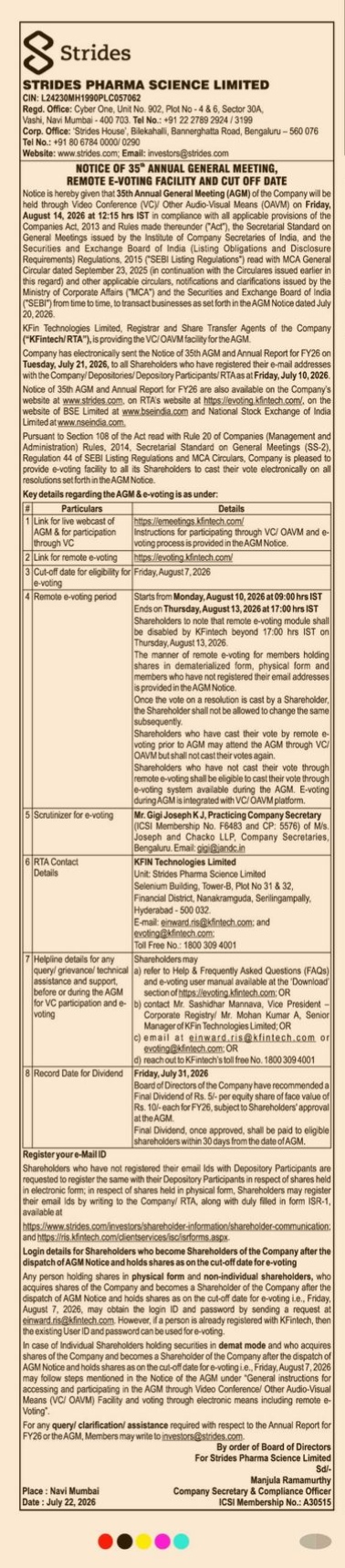 Strides Pharma Science Limited: Notice of 35th Annual General Meeting and Remote E-Voting Information