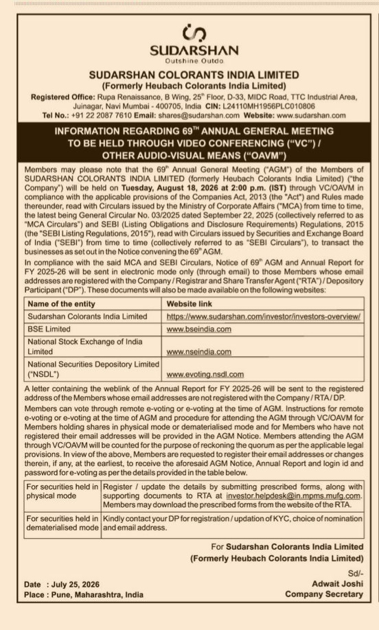 Sudarshan Colorants India Limited 69th AGM Notice (August 2026)