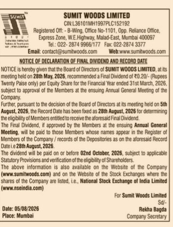 SUMIT WOODS LIMITED: Notice of Declaration of Final Dividend and Record Date