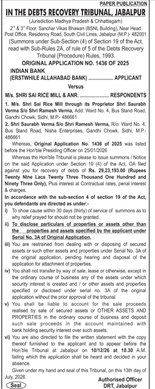 Summons from Debts Recovery Tribunal, Jabalpur (OA No. 1436 of 2025)