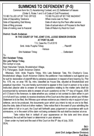 Summons to Defendant (P-5) - Joint Civil Judge Senior Division at Port Blair